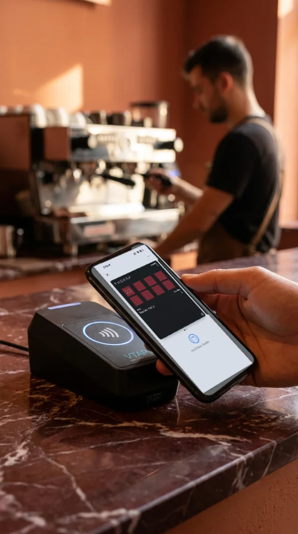 Customer holding The KAF stamp card in Apple Wallet to a VTAP NFC reader at a café counter