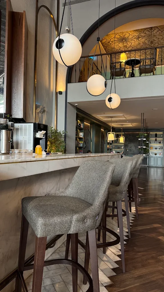 Restaurant bar counter with high stools