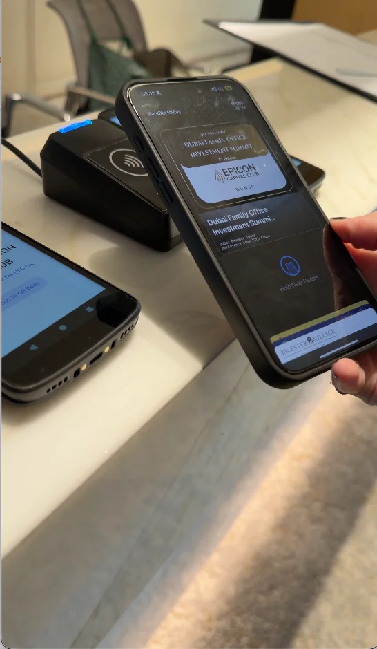 EPICON Capital Club event access card in Apple Wallet held to an NFC reader at the venue entrance