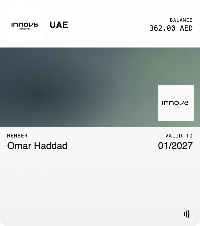 INNOV8 Incubator stored-value member card in Apple Wallet showing a 362.00 AED balance, member name and validity date