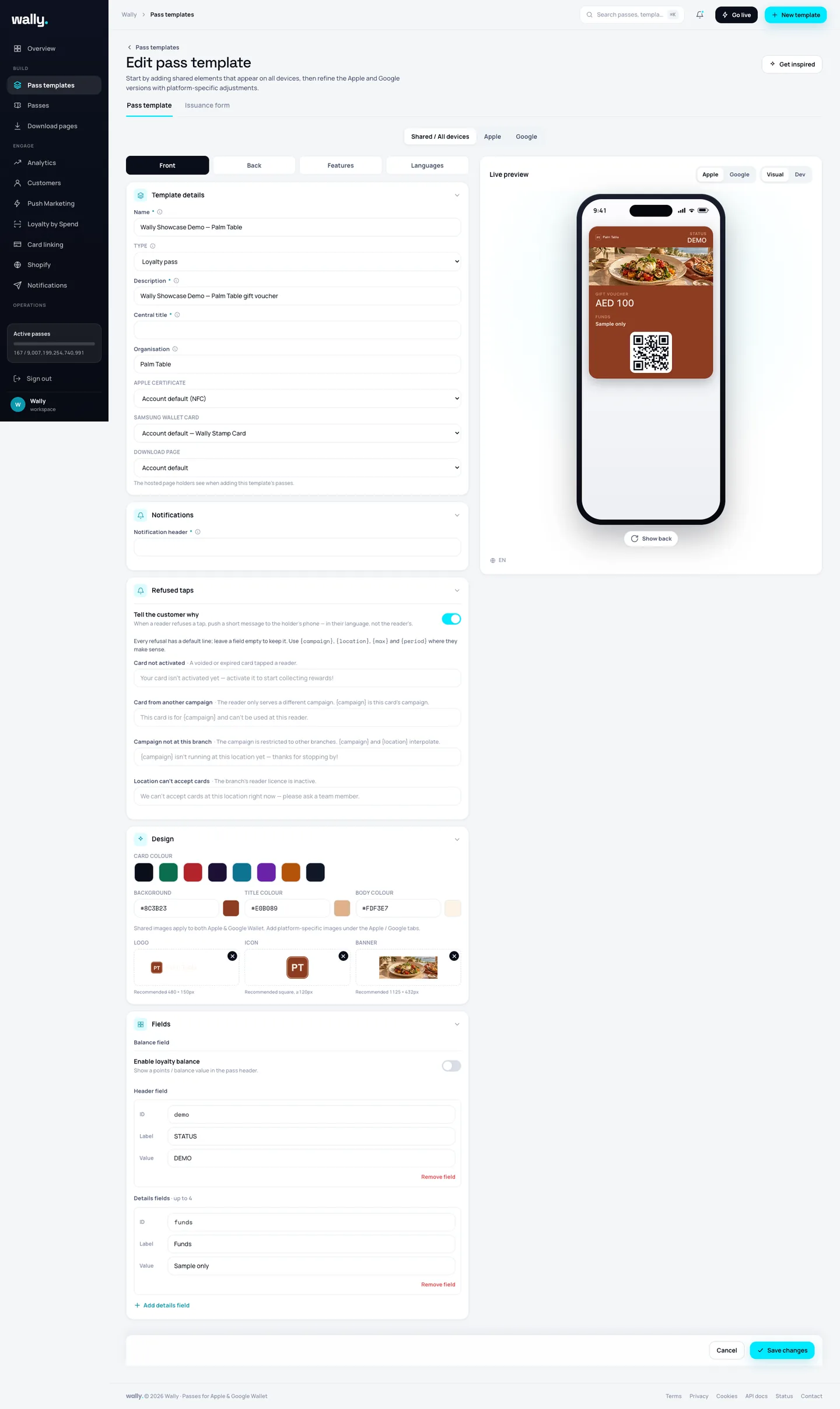 Wally dashboard pass template editor