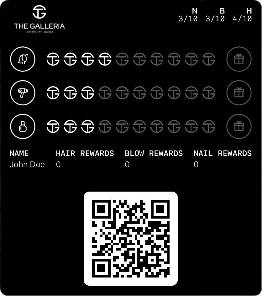The Galleria Hair Beauty Lounge digital stamp card in Apple Wallet with three stamp rows for hair treatments, blow dry and nail treatments, and a QR code